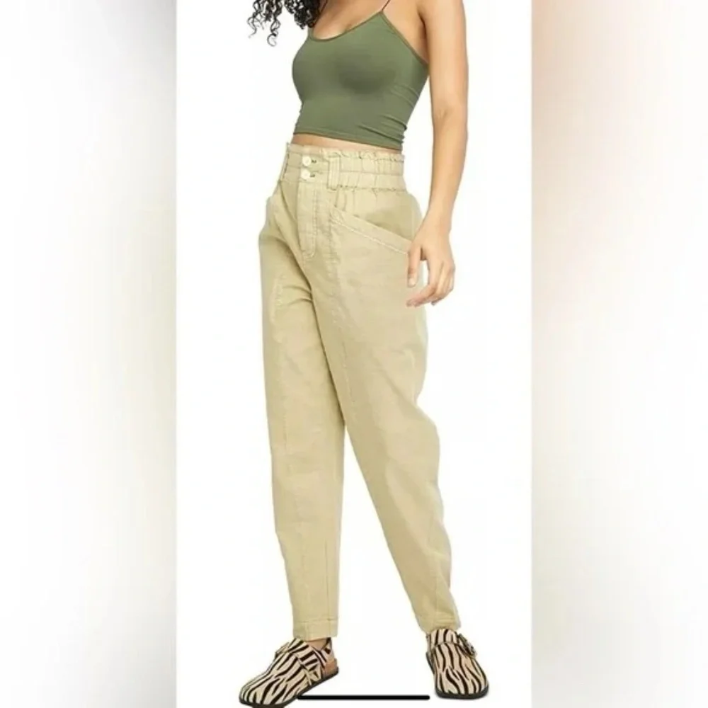 Free People Pants Womens L‎ Begie Ready to Run Cinch-Waist OB1235398 Parchment